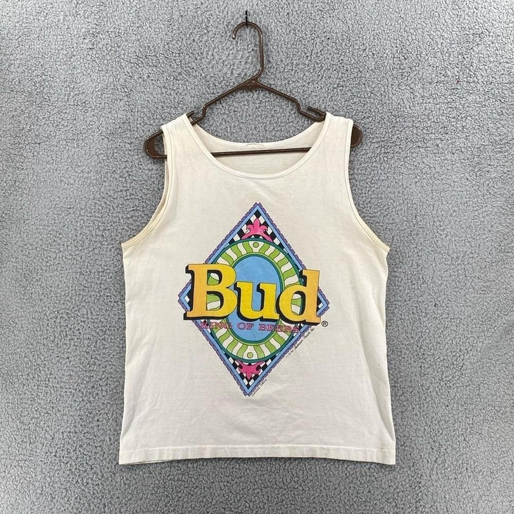 Vintage Bud King of Beers Tank Top Cream White Graphic Muscle Tee Mens XL